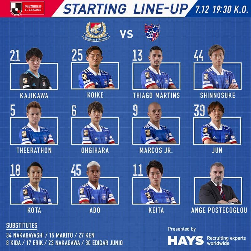 のインスタグラム：「Yokohama F.Marinos Team News vs FC Tokyo! 本日のJ1リーグ第4節 FC東京戦のメンバーが発表されました！  #fmarinos #Jリーグ #スタメン #startingXI #jleague #HAYS」
