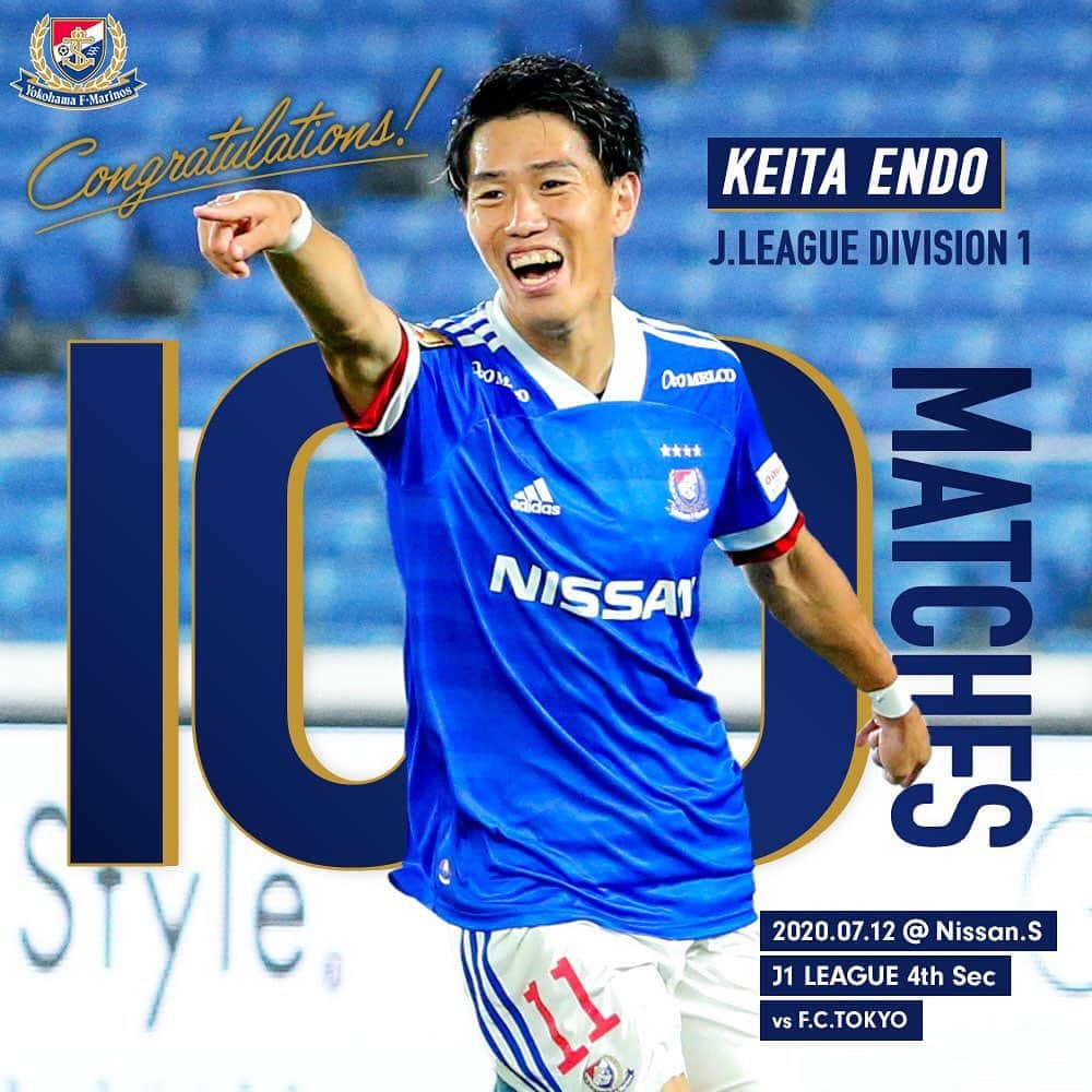 のインスタグラム：「. ‪#遠藤渓太 選手 ‪㊗️J1リーグ100試合出場👏‬  ‪初出場は、2016年3月12日 J1リーグ 1stステージ 第3節 vs新潟‬  ‪#fmarinos #Jリーグ #100試合出場 #congratulations‬」