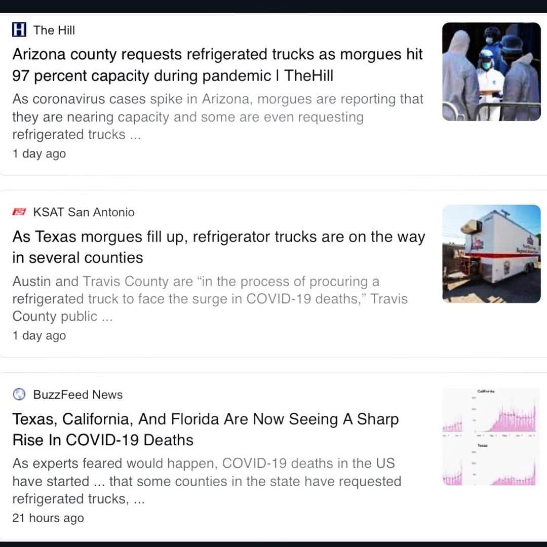 キャシー・グリフィンのインスタグラム：「Sooooo, Arizona and Texas now require refrigerated truck morgues due to overflow from #Coronavirus #covid19 deaths.」