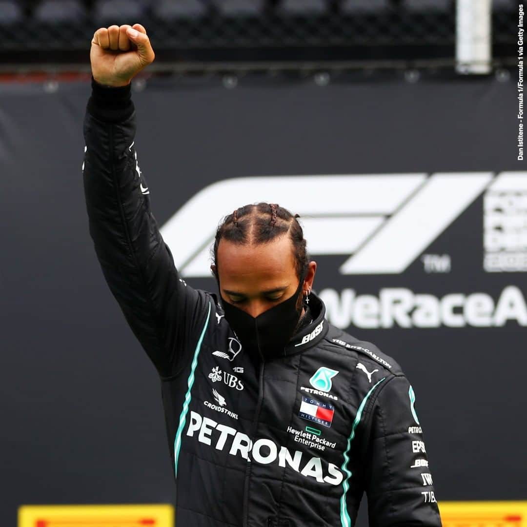 ABC Newsさんのインスタグラム写真 - (ABC NewsInstagram)「Standing on the podium to celebrate his latest win, Formula One world champ Lewis Hamilton raised a clenched right fist and then delivered a message to his fellow drivers not to slow down in the fight against racism.⁣ ⁣ “Some people were asking ‘How long do we have to continue to do this?’ Some felt like one was enough last week, and I just had to (tell) them that racism is going to be here for probably longer than our time here,” Hamilton said after winning his 85th F1 race. “People of color who are subject to racism don't have time to (just) ‘take a moment’ to protest and that be it. We've got to continue to push for equality and raise awareness for it.”」7月13日 6時08分 - abcnews