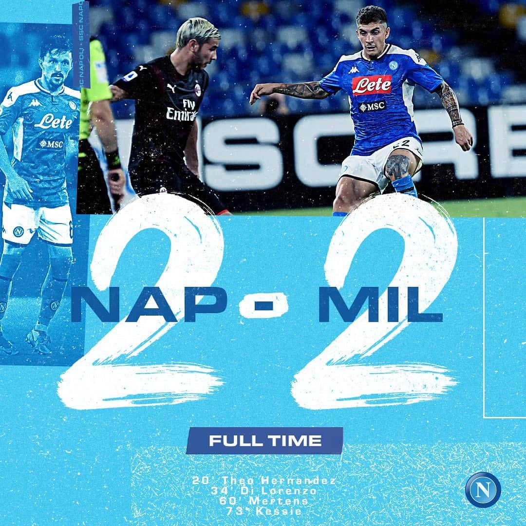 SSCナポリさんのインスタグラム写真 - (SSCナポリInstagram)「⏱ Full Time ⚽ #NapoliMilan 2-2 🏆 #SerieATIM 💙 #ForzaNapoliSempre」7月13日 6時43分 - officialsscnapoli