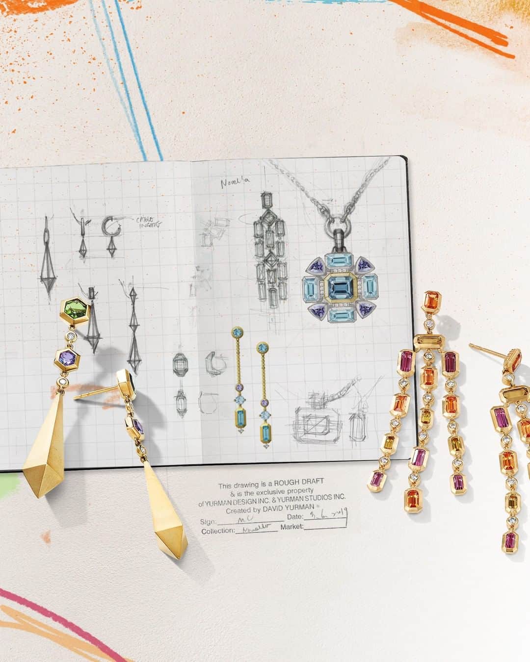 デビッドヤーマンのインスタグラム：「Art imitates life. Original sketches show how our latest Novella and Renaissance designs come to life from an idea in pencil with colored accents, merging David and Sybil’s artistic and creative backgrounds. #DavidYurman #DYRoadTrip」