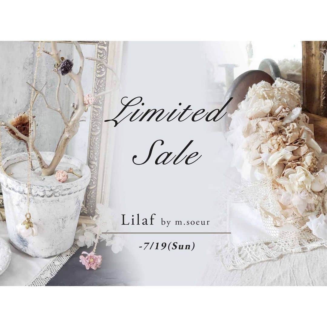 のインスタグラム：「【Special Sale*】. 一点ものアイテム、特別セール開催中＊. . 本日はLilaf by m.soeurのWebショップより、 嬉しいお知らせをお届けします＾＾. . . *:.:*`:.;*:.:*`:.;*:.:*`:.;*:.:*`:.;*:.:*`:.;*:.:*`:.;*:.:*`:.;. 【一点物アイテム 特別セール＊】. . . デザイナー小野が自ら制作し、こだわりのつまった一点もののアクセサリーやお洋服たち。. m.soeurのやわらかく繊細な世界観がより濃く表現されています。. . お花とレースやさまざまな素材の組み合わせも小野さんならではの表現で、 クラシカルでいて身につけるととても優しい気持ちになれるアイテムばかり・・・＊. . 普段Lilaf by m.soeurのみで販売している一点ものアイテムを一部、 今回 10%OFF のプライスにて皆様にお届けいたします。. . . 【日程】. 7/11(sat) 12:00 〜 7/19(sun) 23:59. . . ●こちらから●. https://lilaf-by-msoeur.com/?category_id=5e40db6ec78a5309bd13c59f. . ※商品は無くなり次第終了となります。. . ※リラフ のスタンプカードは通常¥2,000で1ptのところ、 セール価格のお品はおまとめして1ptとなります。. . *:.:*`:.;*:.:*`:.;*:.:*`:.;*:.:*`:.;*:.:*`:.;*:.:*`:.;*:.:*`:.; . . 店頭には並ばないアイテムやリラフ 限定一点ものなど、 見応え盛りだくさんです！*･゜ﾟ･*: . 夏物や今季のセールも開催中です◎. . . この機会にぜひ覗いてみてくださいね♪. . どの子も大切にお作りしたアイテムたちです。. . 素敵な方に巡り会えますように・・・* . . #msoeur #エムスール #Lilafbymsoeur #lilaf #リラフ  #一点物 #限定 #特別 #一点もの #limited  #flower #花 #花のある暮らし #ハンドメイド #レース #アンティークレース #紅茶染 #紅茶 #染花 #ナチュラル #クラシカル #セール #スワロフスキー #クリップ #wedding」