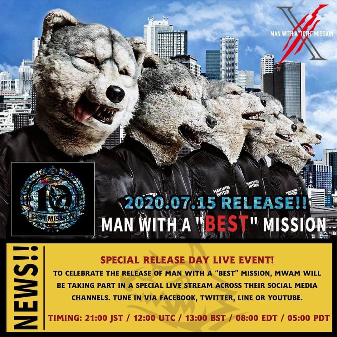 のインスタグラム：「This Wednesday, MWAM will be taking part in a special live event to celebrate the release of their Best Of album.  Tune in via their Facebook, Twitter, LINE or YouTube Channels to watch.  🕘 21:00 JST  🕛 12:00 UTC  🕐 13:00 BST 🕑 14:00 CEST 🕗 08:00 EDT 🕔 05:00 PST . . . #mwam #manwithamission #jrock #jpop #rockmusic #wolves #mwam10th #manwithabestmission #jeankenjohnny #kamikazeboy #spearrib #tokyotanaka #santamonica #fans」