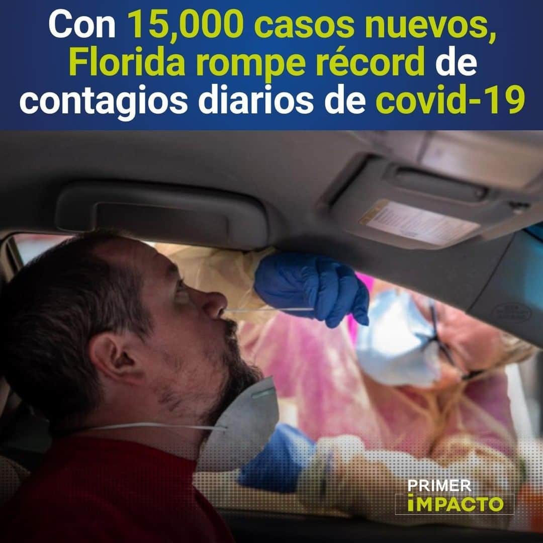 Primer Impactoさんのインスタグラム写真 - (Primer ImpactoInstagram)「Florida registró más de 15,000 casos en 24 horas, un nuevo récord de contagios diarios no solo para el estado sino para todo el país.  El condado de #MiamiDade ha visto un aumento:  ➡️ En el número de pacientes hospitalizados con covid-19 (65%).  ➡️ En el número de camas en UCI que se usan (67%).  ➡️ En el uso de ventiladores (129 %).  Nuestra reportera @crosarionews tendrá un informe completo sobre la situación en este estado. Hoy a las 5pm/4c en #PrimerImpacto.」7月14日 0時24分 - primerimpacto