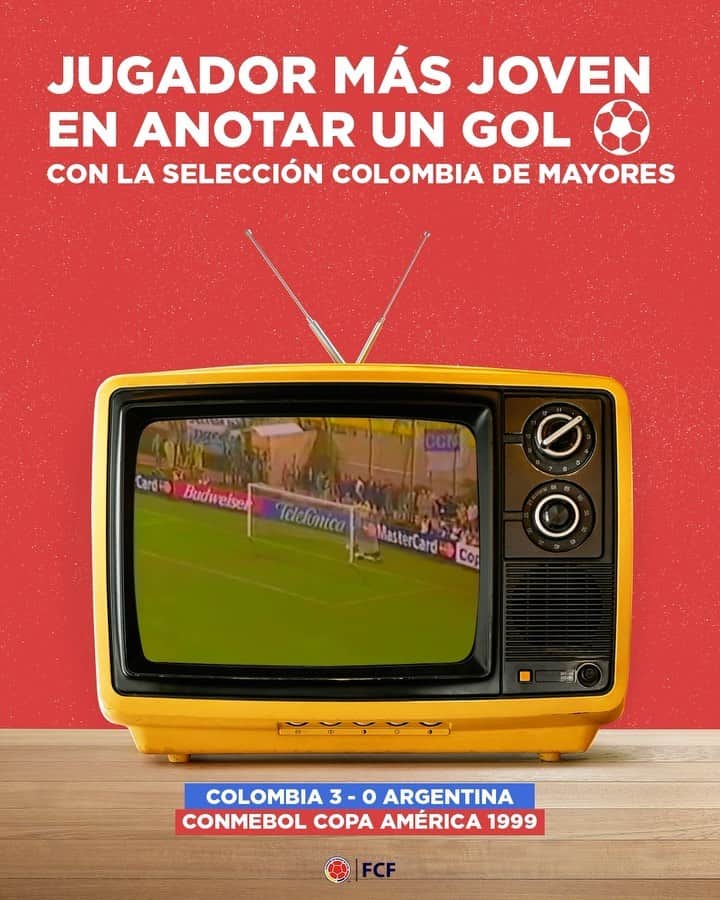 サッカー コロンビア代表チームのインスタグラム：「¿Sabes quién ha sido el jugador más joven en marcar un gol con la Selección Colombia de mayores 🇨🇴?   Descúbrelo aquí 👇  Pista🕵🔍 Fue durante un partido que le dio la vuelta al mundo 🌎」