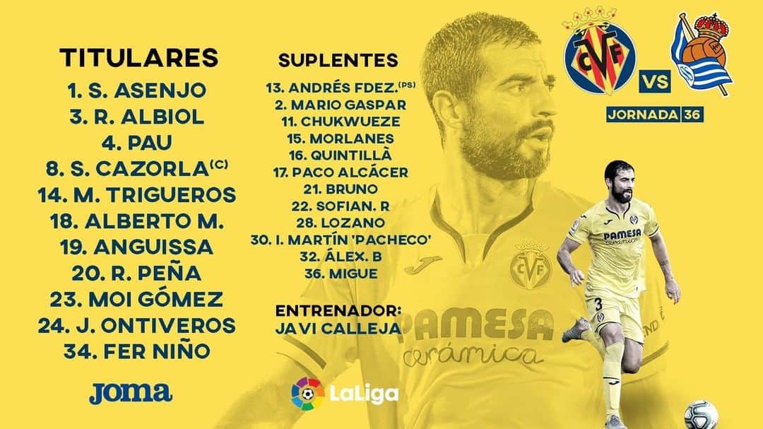 ビジャレアルCFさんのインスタグラム写真 - (ビジャレアルCFInstagram)「🆚 Real Sociedad ¡Los once groguets elegidos para medirnos al conjunto donostiarra! ¡Esta es la alineación del Submarino para la antepenúltima jornada de @laliga 💪! .  🆚 Real Sociedad. The 11 Yellows chosen to face the side from San Sebastián! Here is the Submarine’s lineup for the first last @laliga game 💪! .  #Villarreal #futbol #football #soccer #laliga」7月14日 1時22分 - villarrealcf