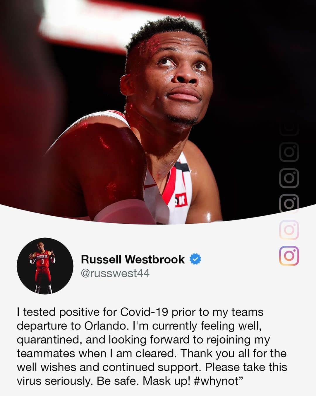 スポーツセンターさんのインスタグラム写真 - (スポーツセンターInstagram)「Russell Westbrook announced he has tested positive for Covid-19 before the Rockets departure to Orlando.」7月14日 1時57分 - sportscenter