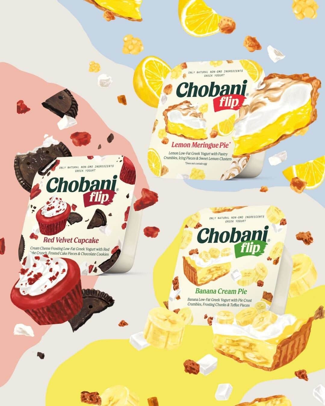 Chobaniのインスタグラム：「Red Velvet Cupcake, Lemon Meringue Pie, and Banana Cream Pie… our newest Flip® flavors taste like decadent desserts. Which one are you trying first? Comment with a 🧁, 🍋, or 🍌!」