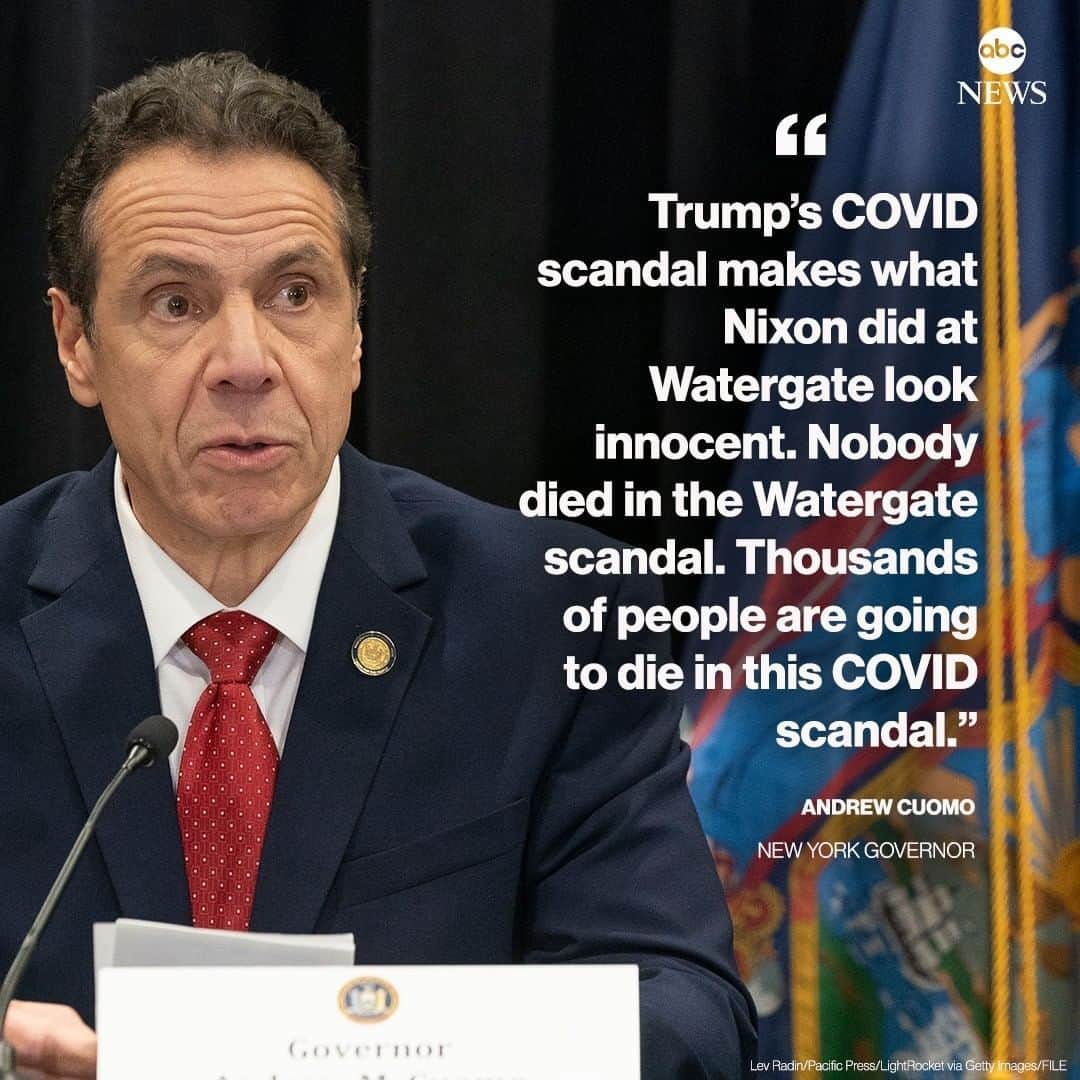 ABC Newsさんのインスタグラム写真 - (ABC NewsInstagram)「New York Gov. Andrew Cuomo compared the Trump administration's handling of the coronavirus pandemic to Watergate, saying the president's "COVID scandal makes what Nixon did…look innocent."⁣ ⁣ "Nobody died in the Watergate scandal," the governor said. "Thousands of people are going to die in this COVID scandal." #andrewcuomo #donaldtrump #covid19 #coronavirus」7月14日 6時53分 - abcnews