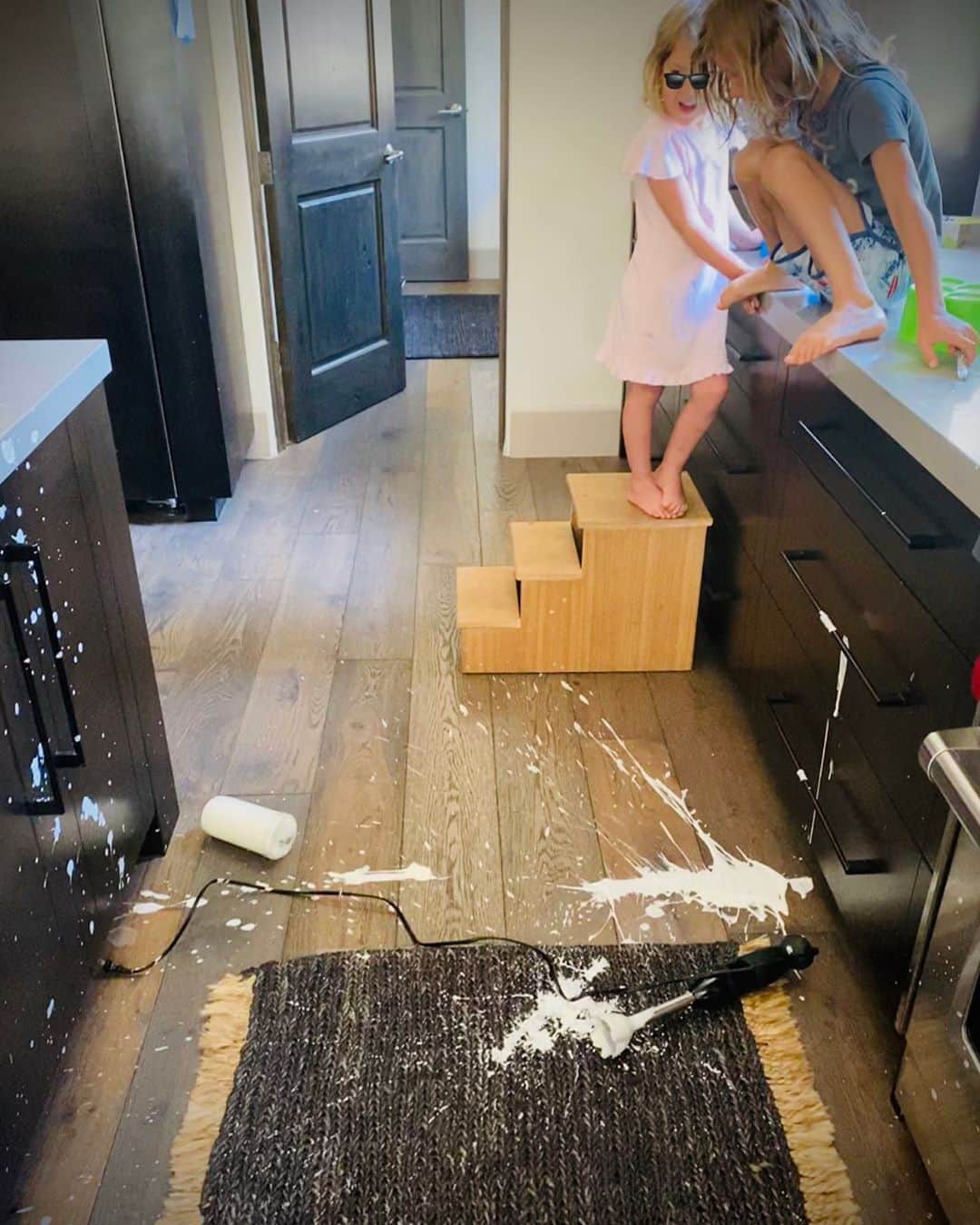 ダニエラ・ルーアのインスタグラム：「I‘ve had to be more creative than ever to keep these 2 entertained and busy during quarantine... but this was by far the best. Planned on making smoothie popsicles until mommy dropped the whole thing. 20 minutes of cleanup ensued and a hosed down rug 😅 . Tenho de ser mais criativa do que nunca para manter estes pirulitos entretidos e ocupados durante a quarentena... mas isto foi de longe o melhor. A fazer gelado caseiro e a mamã deixa cair tudo no chão. Bora limpar durante 20 minutos e dar à mangueira no tapete 😅 . #quarantine #kids #spill #oops #popsicles #laughter #paintjob #ugh #homemade」