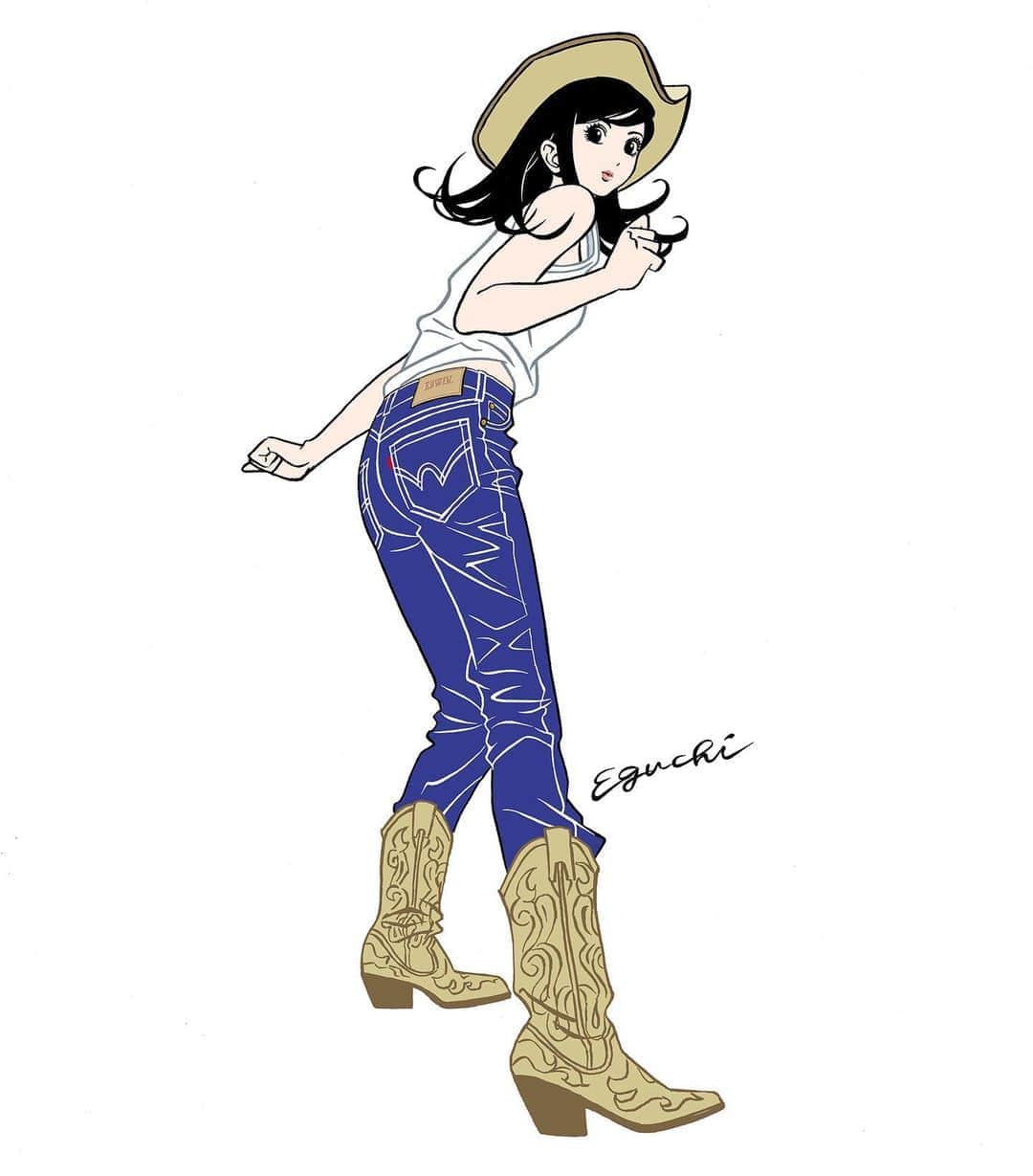 江口寿史のインスタグラム：「新しいジーパン女子の絵、自分ですごく気に入ってる。５月に描いてやっと発表できた。最近ではコロナのいろいろで、描いてから発表までのスパンが長くてね。今年上半期にやった仕事でまだ発表できてないものもたくさん控えてるんだよ。」