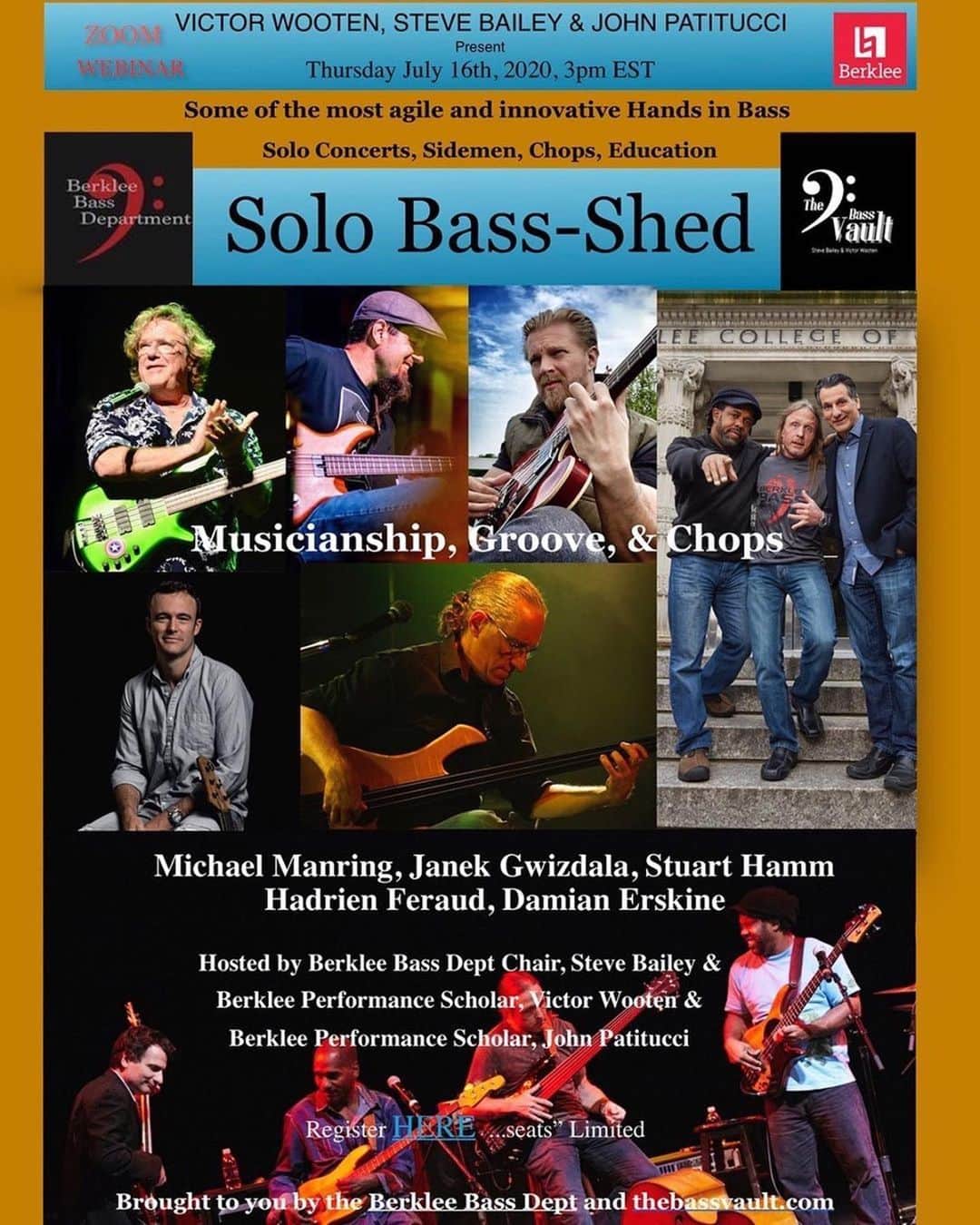 ヴィクター・ウッテンのインスタグラム：「It’s that Thursday Time again.  It’s FREE. Register at the bottom. I’ll see you there.  ・・・ Come join us! 	Masters of All, Solo Bass-Sideman-Education-Innovation Michael Manring, Stuart Hamm, Hadrien Feraud, Janek Gwizdala, and Damian Erskine. These Veteran Innovators have a whole bunch of tools in their SHED: Solo Concerts, Hired Gun to the Stars, Leaders, Solo Albums, Composers, and Educators, are but a few of their collective attributes.  LOOK OUT for SURPRISE Guests as well!!  What are they up to? What are they practicing? What is their advice to students? What was their path to success? What can we all collaborate on to help get thru COVID? Hosted by Victor Wooten, John Patitucci, and Steve Bailey  Reserve your FREE seat by registering here https://berklee.zoom.us/webinar/register/WN_Ci7UWe19RBiAPY7HTmsnJQ」