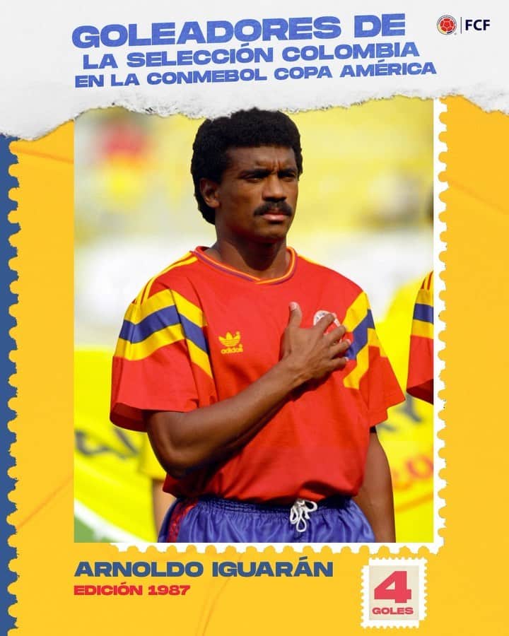 サッカー コロンビア代表チームのインスタグラム：「¿Sabes quiénes han sido los jugadores de nuestra Selección 🇨🇴 que se han llevado el trofeo de máximos goleadores de la Copa América? 🤔   ⚽ Ernesto Díaz (1975) ✅ ⚽ Arnoldo Iguarán (1987) ✅ ⚽ Víctor Hugo Aristizábal (2001) ✅」