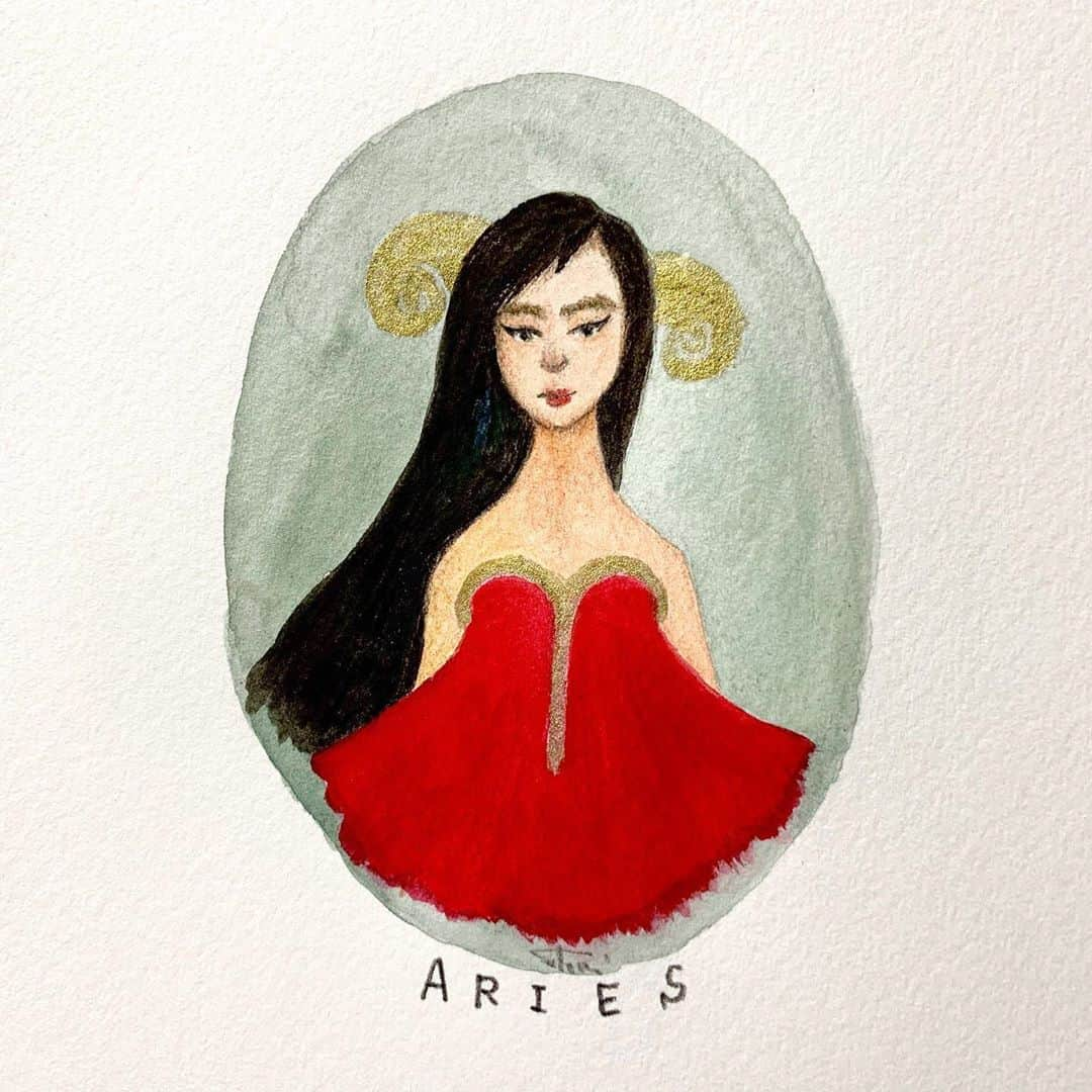 高杉さと美のインスタグラム：「ARIES💃  #illustration #♈️ #portrait #painting  #星座 #イラスト #イラストレーション」