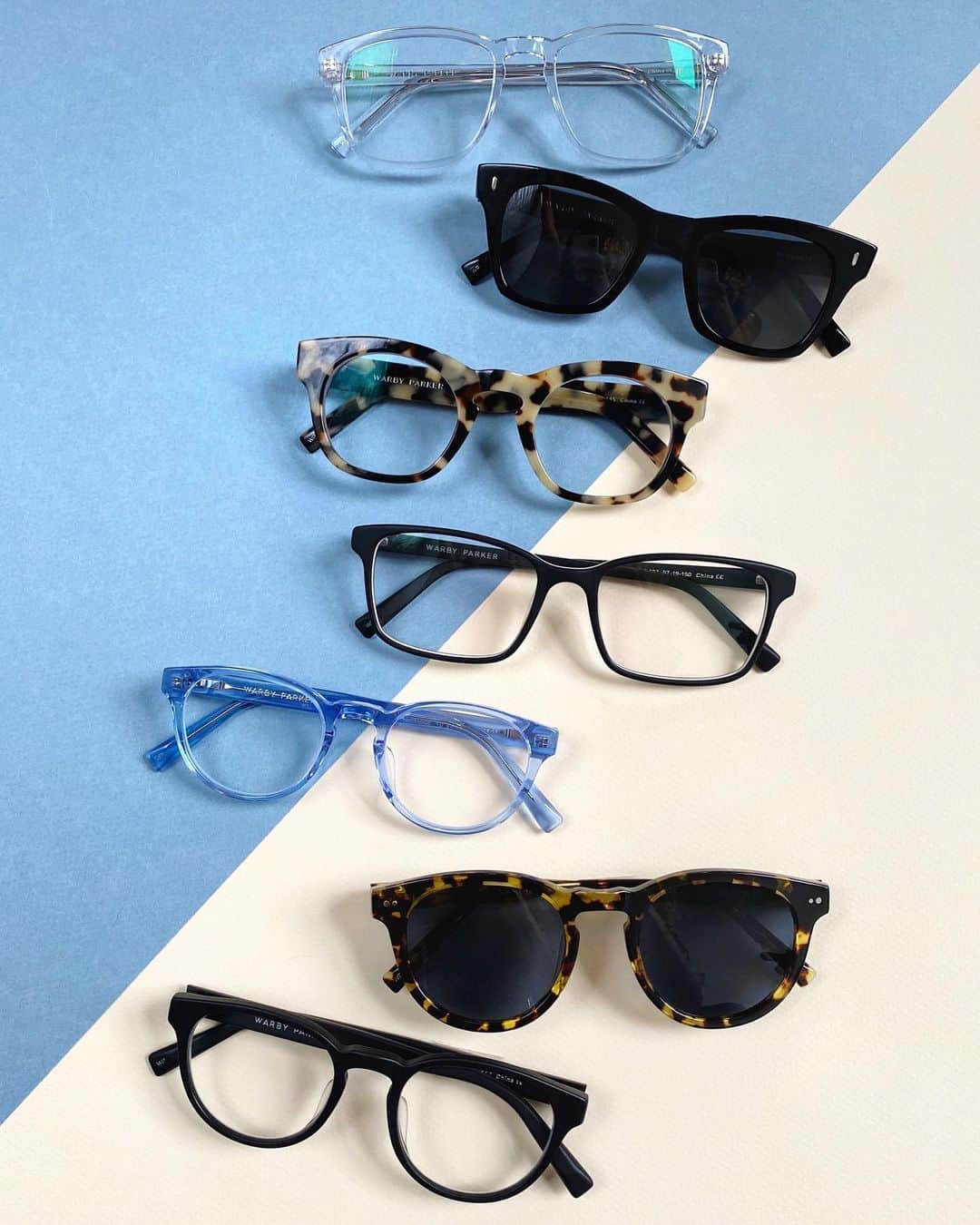 Warby Parkerのインスタグラム：「More roomier and Low-Bridge Fit options right this way! ➡️ We just added a bunch of wide and extra-wide widths, plus more Low-Bridge Fit options (including sunglasses! 😎) into our assortment. Shown here are: 👓 Bensen in Crystal Extra-Wide 🕶 Harris in Jet Black Wide + LBF 👓 Kimball in Marzipan Tortoise Wide 👓 Brady in Jet Black Matte Eclipse Extra-Wide 👓 Percey in Tidal Blue LBF 🕶 Hayes in Mesquite Tortoise LBF 👓 Percey in Jet Black Matte LBF」