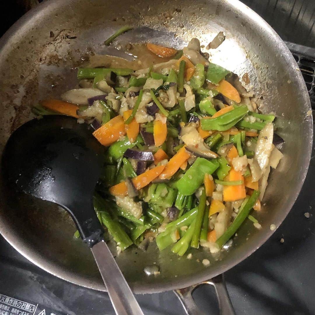 直樹 加藤さんのインスタグラム写真 - (直樹 加藤Instagram)「.. 白髪防止策の豆腐摂取です。  合わせた野菜類は、人参、ゴボウとナス、ニンニクの芽と、空芯菜です。  いわゆる「旨味出汁炒め」の調理となります。  具材の日の通り具合で3つのグループ分け、時間差で調理するやり方で、一つの皿の中の全ての野菜類がアルデンテになるようにしています。  火の通り過ぎたピーマンやニンニクの芽、鮮やかさが微塵もない色合いの、シナシナな食感だと、素材に申し訳ないと、私見ですが、思ってます。  これまた私見ですが、野菜類は、生っぽいニュアンスの無い状態で、歯応えが楽しめないとアカンと思うんです。  それを実現するには、やっぱり時間差調理ですよね。ここでこの調理法をダラダラ書いても効率悪いんで、料理自慢の方は「旨味出汁炒め」とググってください。  やっぱり、一つの皿の中、全部アルデンテでなきゃ、もったいないですよ。  レモングラスのニュアンスが適度にあるアルゼンチンのソービニオンブラン、野菜の青っぽいニュアンスと出会うと、味わいの変化を感じます。  野菜とワイン、合うと思います。  #大文字屋加藤酒店 #京都ワイン #西七条 #梅小路 #ワイン飲みたい #ワイン好きな人と繋がりたい #デイリーワイン #安ウマワイン #白髪防止 #アルゼンチンワイン #ソービニオンブラン」7月15日 1時56分 - daimonjiyakatonaoki