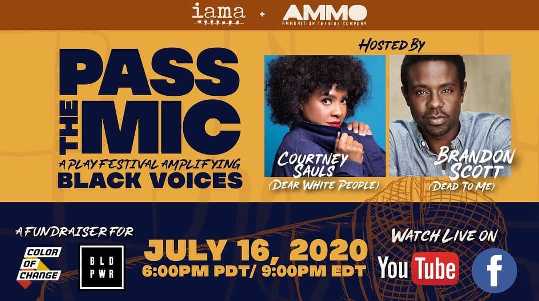 アダム・シャピロのインスタグラム：「Two days...@iamatheatre and @ammotheatre pass the mic. It’s such a cool night of new plays amplifying Black voices. We’ve been working hard on this and I’m psyched for everyone to see it. Really takes the streaming theatre thing to another level. HOSTED BY @brandonoscott and @cosauls! Raising funds for @bldpwr and @colorofchange」
