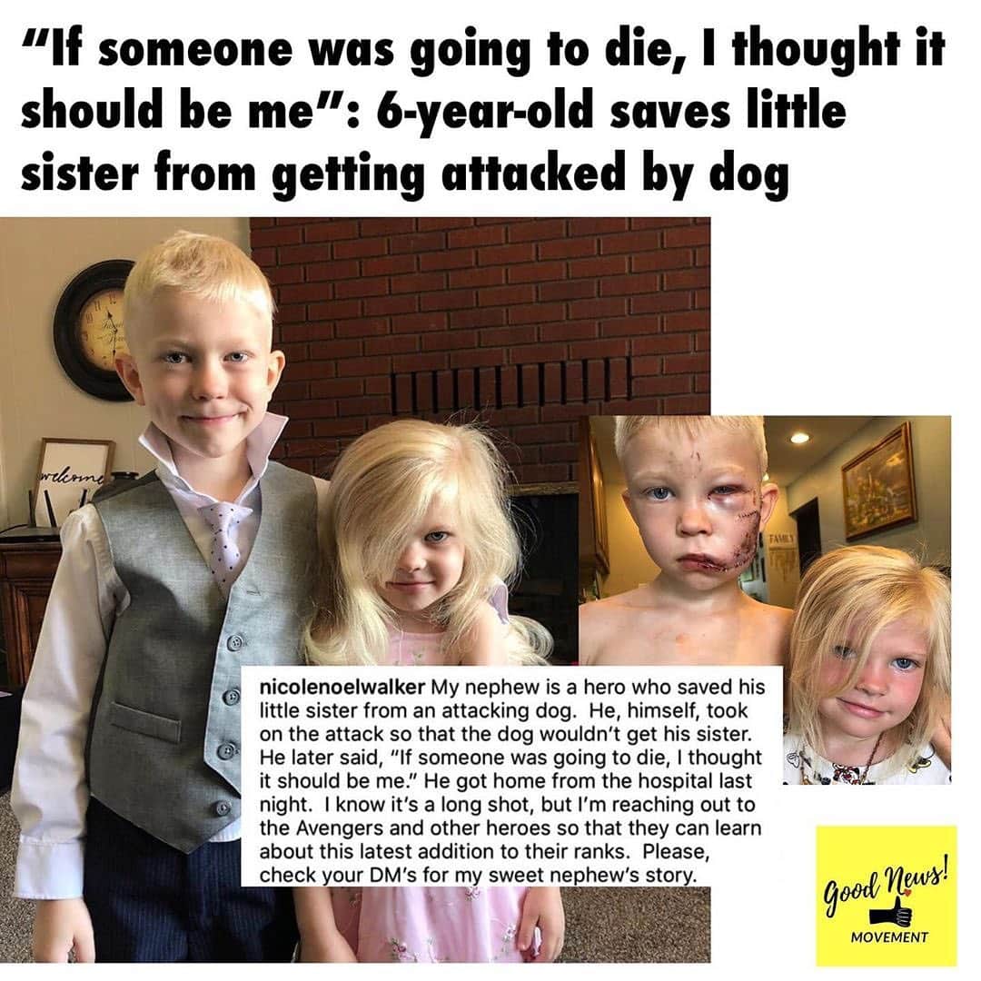 ティモシー・サイクスのインスタグラム：「⚠️WARNING: GRAPHIC IMAGES⚠️ Repost from @karmagawa PLEASE SHARE THIS AMAZING CASE OF BROTHERLY LOVE: On July ninth, 6-year-old Bridger ran to save his sister, standing between her and a charging dog and after getting bit several times on the face and head, he grabbed his sister’s hand and ran with her to keep her safe. He later said, “If someone had to die, I thought it should be me.” Bridger received 90 stitches but is now home and recovering. He’s a true hero and fantastic older brother and he wants to let some “real superheroes” know what happened since he’s a hero now too so please share this case of amazing bravery with your followers, tag people who need to see it & also tag and send to Bridger’s heroes:  @tomholland2013 @chrishemsworth @robertdowneyjr @vindiesel @chrisevans @thehughjackman @vancityreynolds @markruffalo @jessicalba @halleberry @rubyrose as his aunt @nicolenoelwalker explained “Hey, all. Please, share my nephew’s story so that it gets as much exposure as it can. We know that our little hero would love some words of encouragement from his favorite heroes. And instead of any GoFundme, Bridger’s family has asked that anyone wishing to help out financially can, instead, donate to @mission_22 or @wwp as everyone’s kindness has meant so much to us!” We need more heroes like Bridger & his family who prioritize helping each other + raising money for charity, please share this incredible story! #brotherlylove #bridgerstrong #bravery #familyfirst #karmagawa」