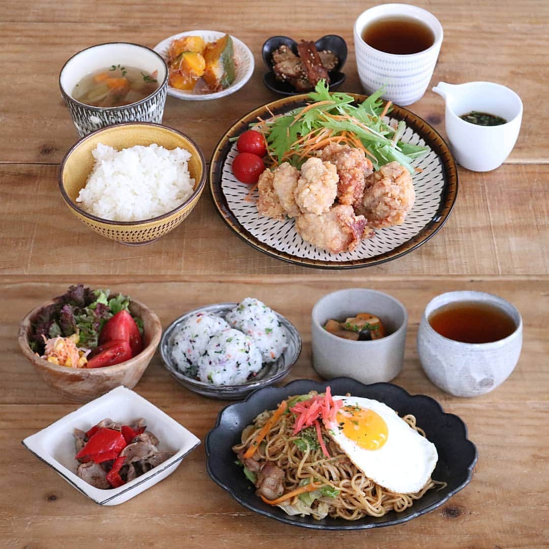 のインスタグラム：「♩ . . #まとめて投稿 #ひとりごはん  . . 🍚から揚げネギソース さつま揚げのきんぴら かぼちゃのおかか煮 野菜スープ . . 🍚焼きそば目玉焼き 夏野菜のトマト煮 おにぎり 砂ずりとピーマンのスパイス炒め 人参コーンサラダ . . #yunaご飯#lin_stagrammer#kurashiru#delistagrammer#Japanesefood#ロカリキッチン#デリスタグラマー#クッキングラム#クッキングラムアンバサダー#タベリー#フーディーテーブル#Kissカメラ#iegohanphoto#てづくりごはん365#おうちごはん#おうちごはんlover#ママリクッキング#マカロニメイト#おうちごはん通信#キッチングラム#おうちカフェ#夜ごはん#晩ごはん#dinner#小石原焼#翁明窯元」