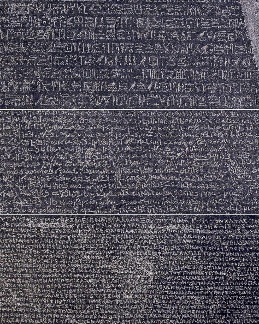 大英博物館さんのインスタグラム写真 - (大英博物館Instagram)「The Rosetta Stone – the key to deciphering ancient Egyptian hieroglyphs – was discovered #onthisday in 1799.   Find out more about the discovery of the stone, how it came to the Museum and why it’s so important in our blog post – link in bio.   Made in 196 BC, the Rosetta Stone is inscribed with a decree written in three scripts – hieroglyphs, Demotic (the ‘popular’ script), and Ancient Greek (the language of the administration). Scholars were able to use the Greek inscription to decipher the hieroglyphs. Read how scholars used the Greek inscription to decipher the hieroglyphs in the blog post in our bio.   Image two: close-ups of the scripts – top: hieroglyphs, middle: Demotic, bottom: Ancient Greek  #BritishMuseum #RosettaStone #hieroglyphs #AncientEgypt」7月15日 20時30分 - britishmuseum