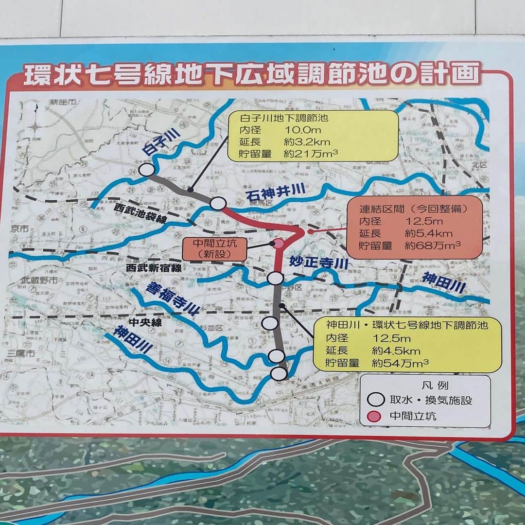 佐藤竜雄のインスタグラム：「環七、まだまだ調節池は伸びるんだね。 #トンネル式地下調節池 #シールド工法 #ニューマチックケーソン工法 #推進工法 #石神井川」