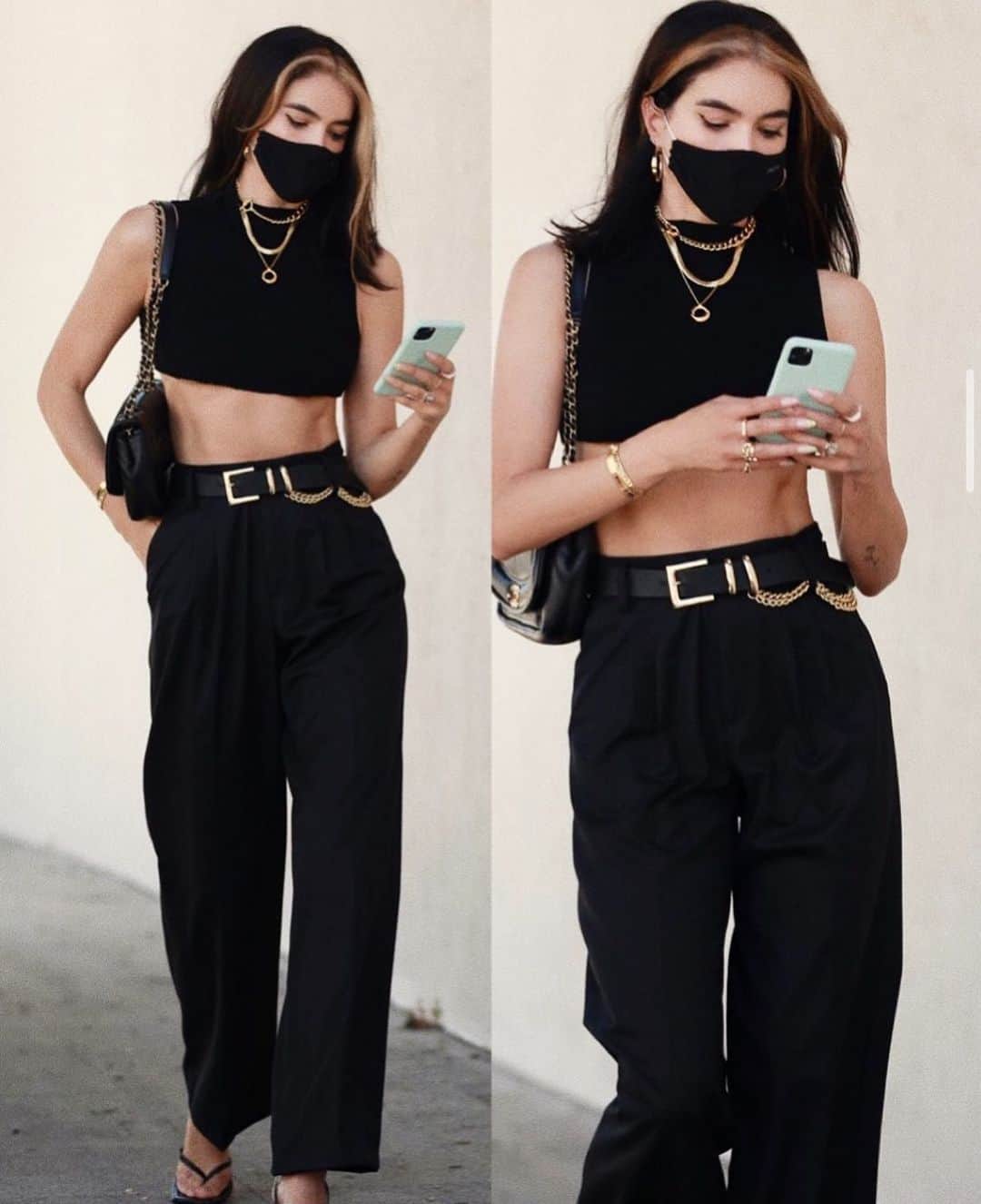 のインスタグラム：「If you ask me, the mask really brings this look together 😷🖤 our fashion icon @brittanyxavier in our #PHOENIX belt available @revolve」