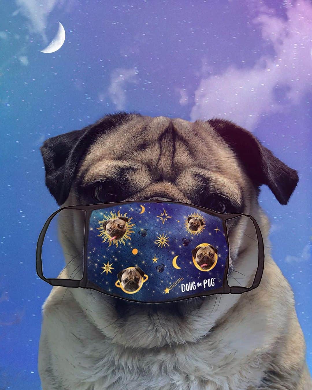 itsdougthepugさんのインスタグラム写真 - (itsdougthepugInstagram)「“Wearing a mask is out of this world” -Doug • NEW MASKS!! This is my celestial mask! Link in bio or go to www.dougthepugstore.com - a portion of proceeds goes to the Covid-19 Solidarity Response Fund 🌙💫」7月16日 4時18分 - itsdougthepug