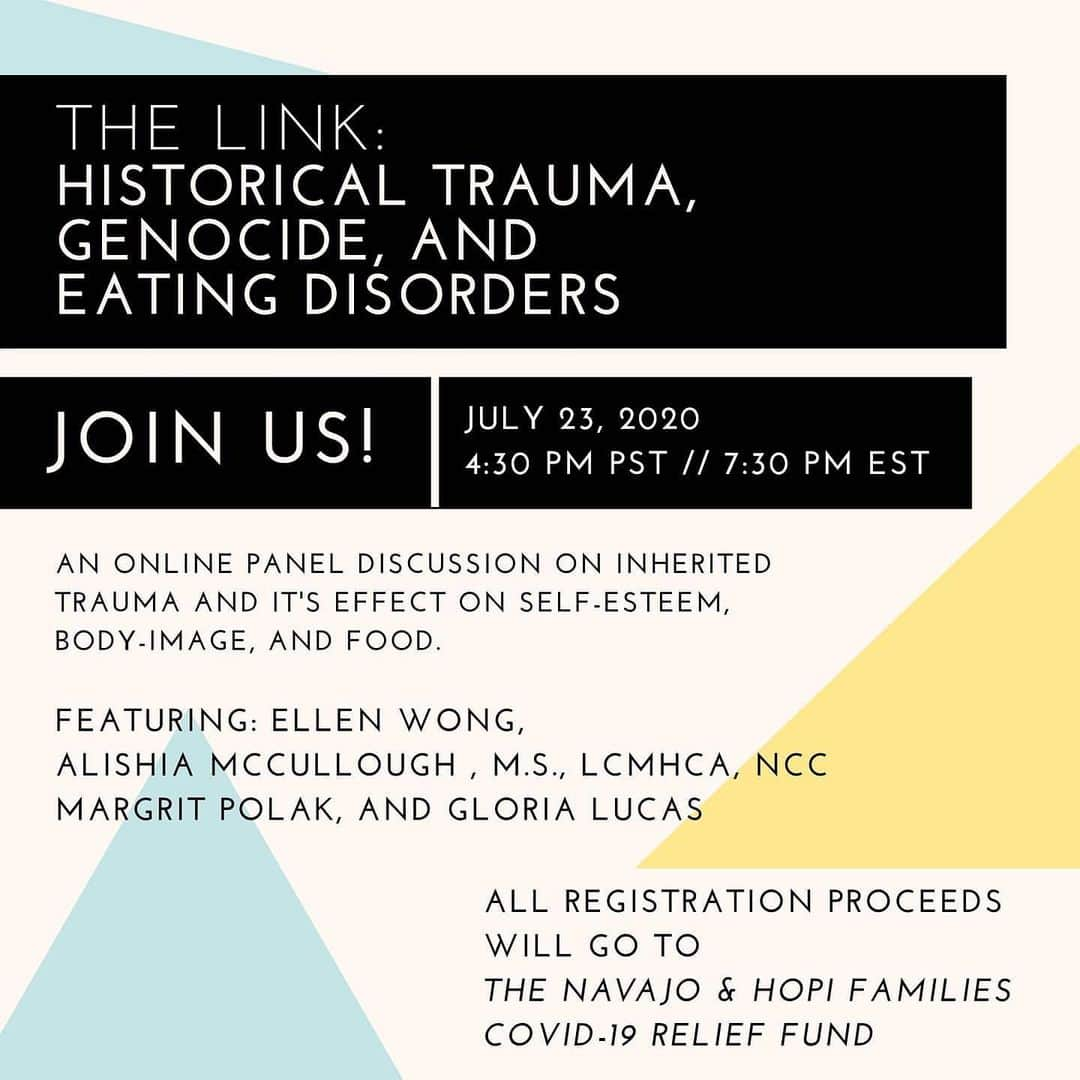 エレン・ウォンのインスタグラム：「We’ve put together an amazing panel about a subject that is near and dear to our hearts. The Link: Historical Trauma, Genocide and Eating Disorders. Hope you can join us!  ・・・ This subject is long overdue. Join us in our effort to weave together the pieces of what remained and celebrate our resiliency.   Panelists include: @blackandembodied  @nalgonapositivitypride  @annefrankla   Register by donating to the @gofundme link in 2nd slide. All proceeds will go to The Navajo and Hopi Families COVID-19 Relief Fund.」