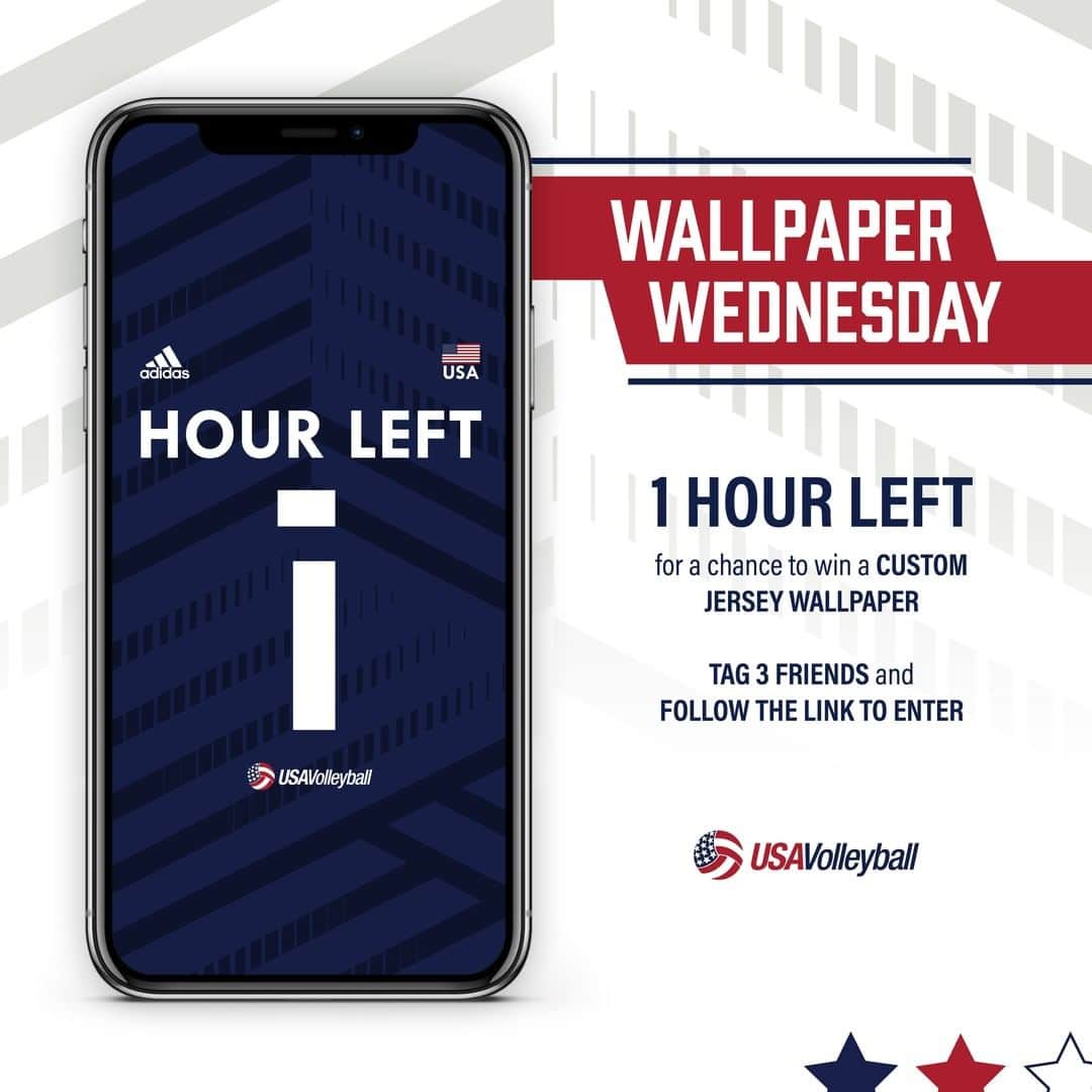 USA Volleyballさんのインスタグラム写真 - (USA VolleyballInstagram)「ONE HOUR LEFT! 🚨 Tag 3 friends in the comments and follow the link in our bio for your chance to win a custom jersey wallpaper! #WallpaperWednesday」7月16日 6時02分 - usavolleyball