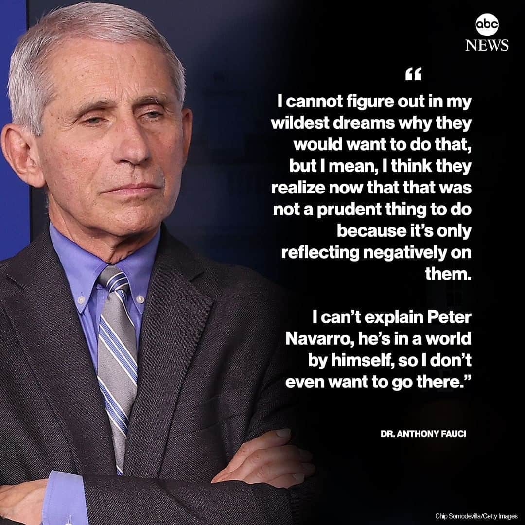ABC Newsさんのインスタグラム写真 - (ABC NewsInstagram)「Dr. Anthony Fauci calls effort to discredit him "bizarre," after the White House distanced itself—but did not disavow—claims made by Peter Navarro, Pres. Trump's top trade adviser, trashing him. #anthonyfauci #donaldtrump #whitehouse #covid19 #coronavirus #peternavarro」7月16日 6時04分 - abcnews