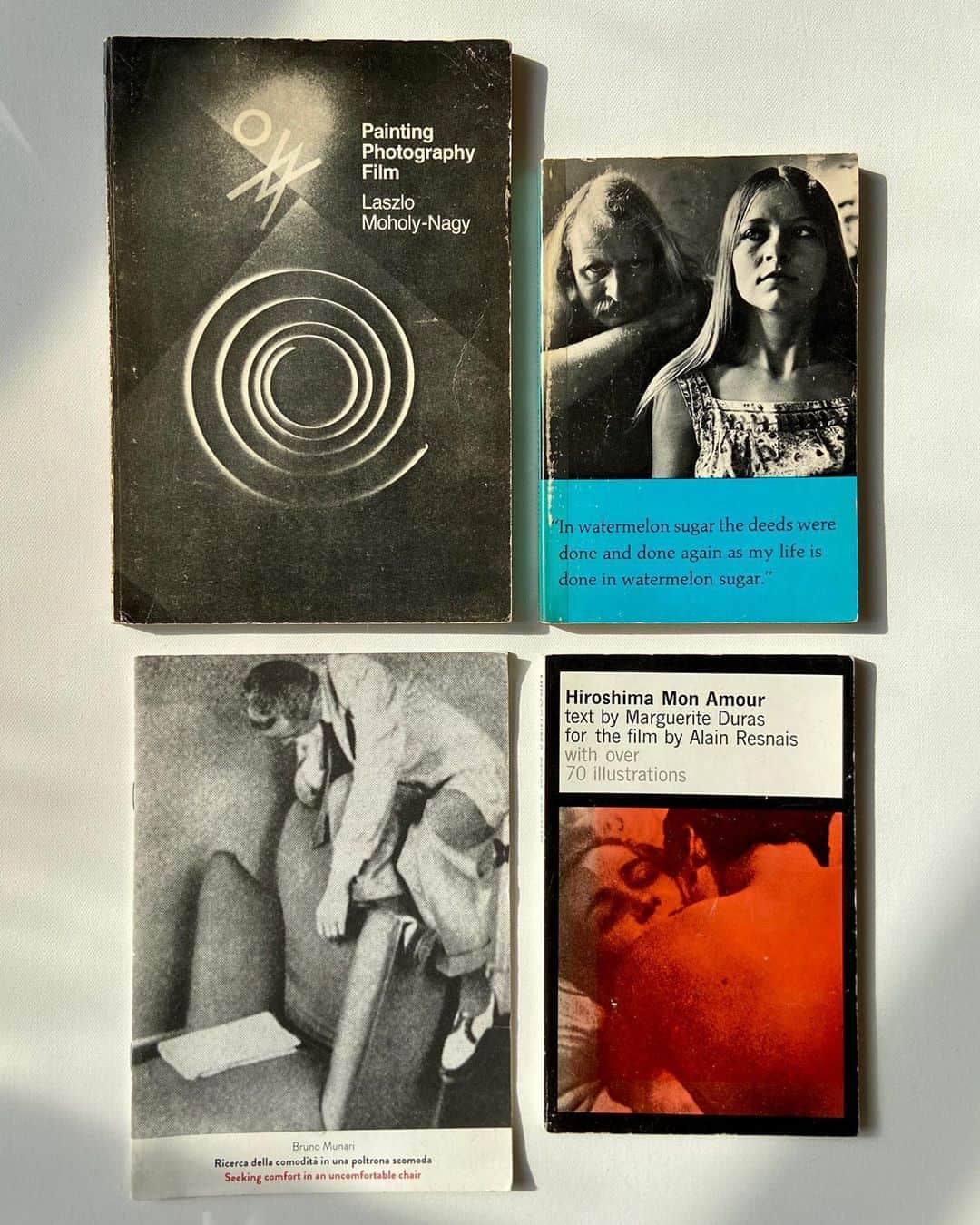 ケンゾーミナミのインスタグラム：「(Book 2-5 of 7) . “Painting Photography Film” by Laszlo Moholy-Nagy” - a gift from my dear friend. . “In Watermelon Sugar” by Richard Brautigan - the author I was introduced to thanks to my ex’s father (who was a really lovely man), and I ended up loving his books. . “Seeking Comfort in An Uncomfortable Chair” by Bruno Munari - I feel like that’s essentially what the life is about, seeking comfort in an uncomfortable chair. . “Hiroshima Mon Amour” by Marguerite Duras」