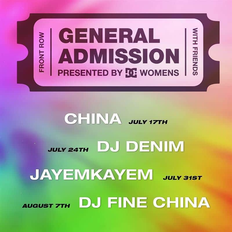 DCシューズさんのインスタグラム写真 - (DCシューズInstagram)「DC WOMENS PRESENTS: General Admission. Join us this summer as we bring LIVE music and the party to you. Kicking off this Friday, 4 female artists will perform live sets from their backyards and homes with a few close friends.   @china.townz – July 17th @denimskrrt – July 24th @jayemkayem – July 31st @djfinechina – August 7th   See you on Friday! #dcwomens #dcwomensGA #playathome」7月16日 7時06分 - dcshoes