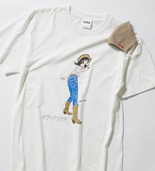 江口寿史のインスタグラム：「エドウイン×江口寿史 #ジーパン女子 新作描き下ろしチャリティＴシャツ（マスク付き）本日より発売です！ 色は４色。サイズ展開はMとLのみ。XLがない！とお嘆きのあなた、今回のボディは大きめなのでMで通常のL、LでXLくらいのサイズ感だそうです。  購入はこちらから↓ https://edwin.co.jp/shop/t/t1279/」