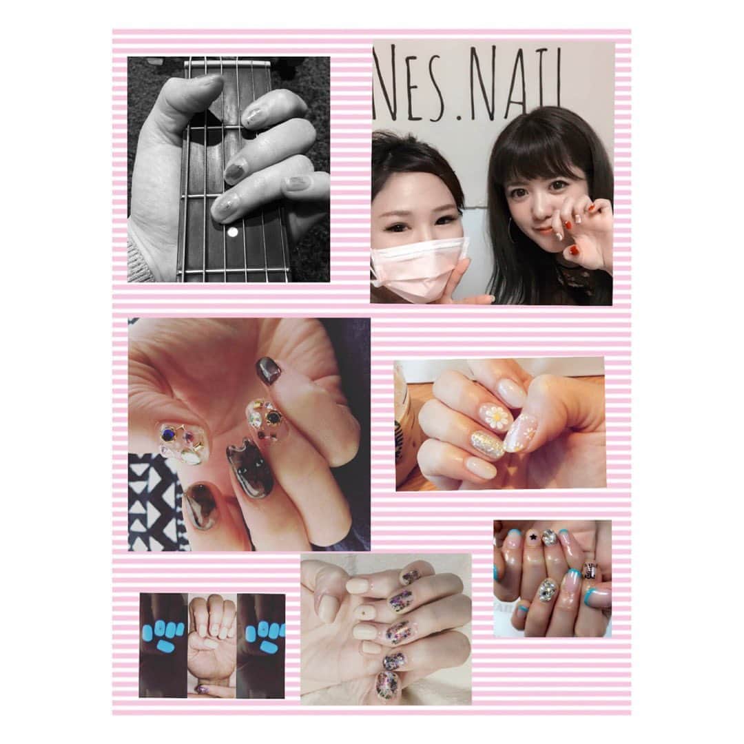 のインスタグラム：「ギタ女ネイルちょこっとまとめ💅 ❤︎ ❤︎ ここ数年いきつけで一番お世話になっているネイルサロンは恵比寿と池袋にあるアットホームな『Nes.NAIL』です☺️ AIMIはデザインを考えるのも好きなので、 ライブ前とかに衣装やライブのイメージに合わせたりしてオーダーもしたりします。 暗転したら手先が蛍光に光ったり、 猫の耳をつけてもらったり、 こんなに小さなキャンパスに自分の好みで飾ってもらえるのがすごく楽しくてネイルって大好き❣️  ギターを弾くのですぐ削らないといけないけど 爪の補強にもなって良い音が弾けたりするので 意外とギタ女にもオススメです😁  ps.ファンクラブムービー、今回は沖縄スポットめぐりです♪AIMIのゆかりの地を紹介してるのでディープな内容です✨✨ https://aimi-official.com/movies/43775  #AIMI#Nesnail#singersongwriter #guiter#ショートネイル#オリジナル#デザイン#恵比寿#池袋#沖縄#ギター女子#個性派#rock#hand#低身長」