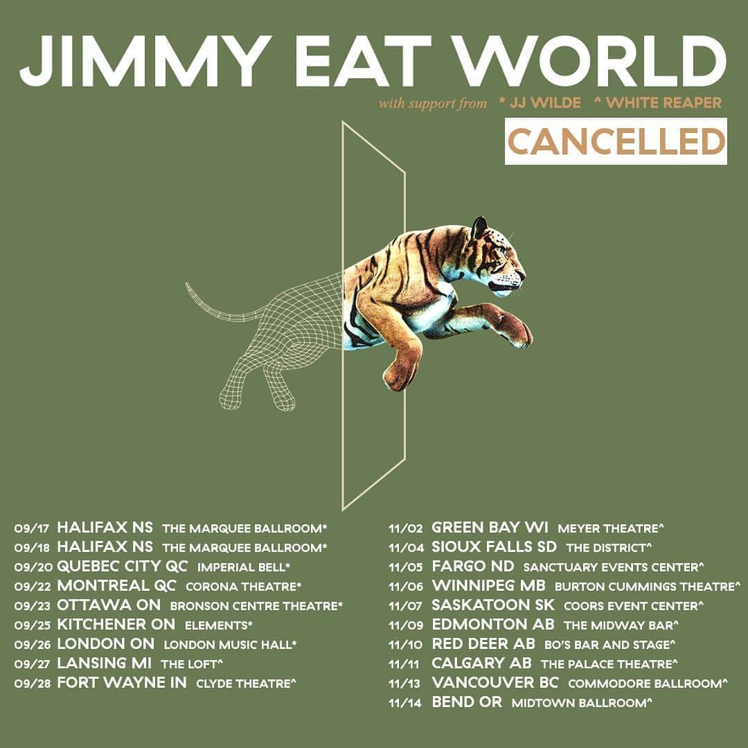 Jimmy Eat Worldさんのインスタグラム写真 - (Jimmy Eat WorldInstagram)「We held out hope to see you all this year, but we must collectively look forward to happier healthier 2021. The above dates are being cancelled and ticket purchasers will receive automatic refunds. If you have any ticketing questions, contact your point of purchase.」7月17日 2時28分 - jimmyeatworld