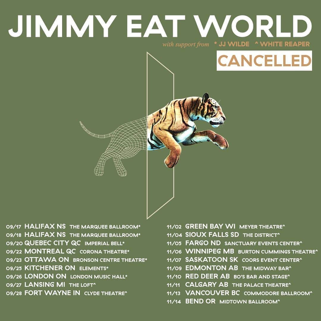 Jimmy Eat Worldのインスタグラム：「We held out hope to see you all this year, but we must collectively look forward to happier healthier 2021. The above dates are being cancelled and ticket purchasers will receive automatic refunds. If you have any ticketing questions, contact your point of purchase.」