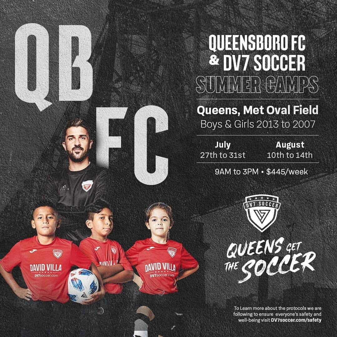 ダビド・ビジャのインスタグラム：「We are very excited to announce the very first @queensborofc x @dv7soccer #SummerCamps  Queens deserves the best soccer formation and we're commited to bring our #dv7method , now in collaboration with #QueensboroFC   Location: Met Oval Field Week 1: 27th - 31st of July. Week 2: 10th - 14th of August. Time: 9AM to 3PM. Who: Boys and girls 2013 - 2007.  WE ARE WAITING FOR YOU!!!   #QBFC #DV7Soccer #SummerCamps #Queens #NYC」