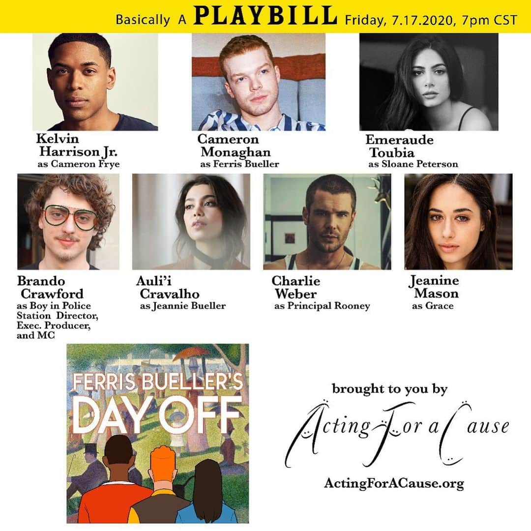 チャーリー・ウェバーのインスタグラム：「Tomorrow night 5pm PST!!! I’m joining an incredible group of actors to do a LIVE reading of Ferris Bueller’s Day Off to benefit Entertainment Industry Foundation and Mount Sinai Chicago.  If you want to have some fun and see what I look like with a mustache you can go to actingforacause.org to check it out! 👨🏻👍🏻」