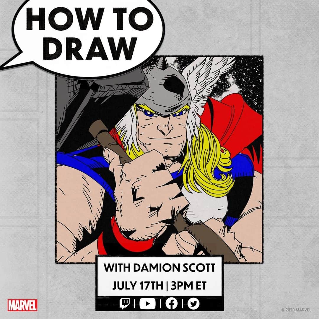 Marvel Entertainmentさんのインスタグラム写真 - (Marvel EntertainmentInstagram)「He is worthy. ⚡ Artist @DamionScott01 will be LIVE tomorrow at 3PM ET as he brings the God of Thunder to life in a special drawing lesson! #MarvelAtHome」7月17日 9時00分 - marvel