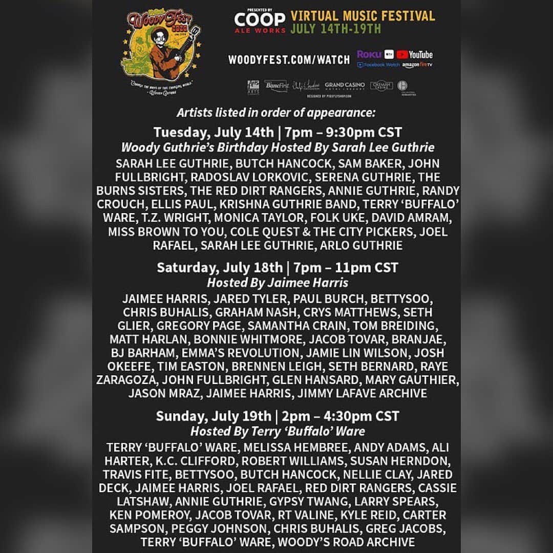 ジェイソン・ムラーズのインスタグラム：「This weekend! The 23rd Annual Woody Guthrie Folk Festival kills fascists! Join us as we celebrate the 108th birthday of Woody Guthrie. 🎉 ⁠⠀ ⁠⠀ The Woody Guthrie Coalition, a not-for-profit, 501(C) 3 organization, is dedicated to preserving & promoting the legacy & music of Woodrow Wilson Guthrie through the Woody Guthrie Folk Festival as well as year-round cultural, musical, educational, & scholarly community outreach events that relate to Woody Guthrie & folk music.⁠⠀ ⁠⠀ Stream along with dozens of great artists at woodyfest.com/watch/」