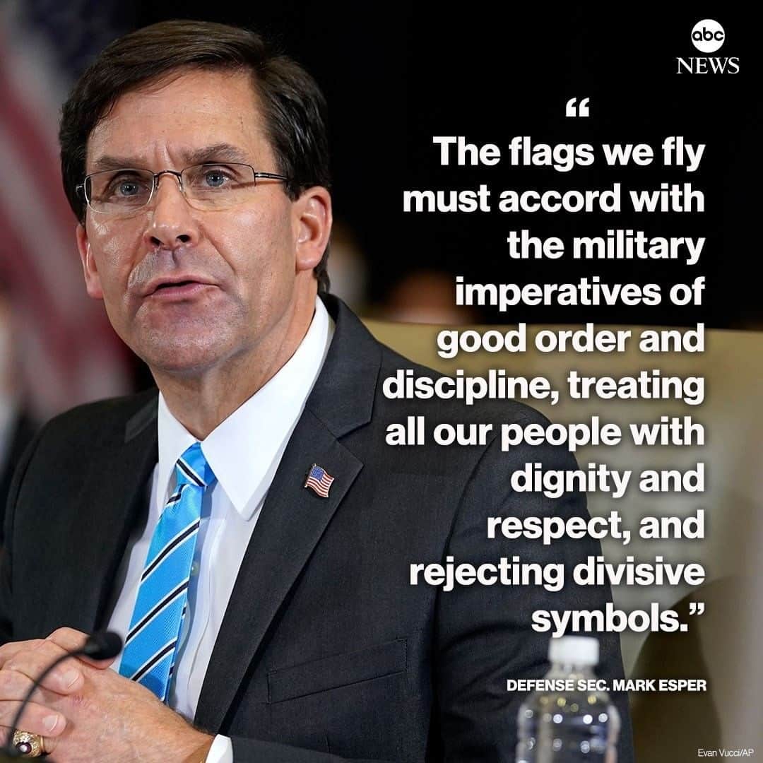 ABC Newsさんのインスタグラム写真 - (ABC NewsInstagram)「Defense Secretary Mark Esper issues a directive effectively banning displays of the Confederate flag at U.S. military bases.  "With this change in policy, we will further improve the morale, cohesion, and readiness of the force in defense of our great Nation," he says. #usmilitary #confederateflag #confederatemonument #servicemembers」7月18日 1時22分 - abcnews