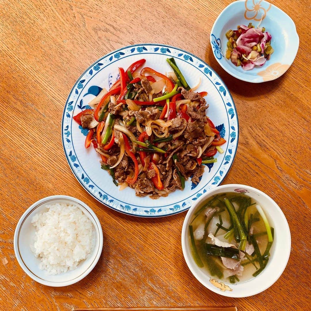 日髙のり子のインスタグラム：「＊＊＊﻿ 昨日のお昼ごはん。﻿ 青椒肉絲と豚肉と山芋と生姜のスープ﻿ です。﻿ ﻿ オイスターソースと醤油、砂糖、紹興酒で味付けた青椒肉絲は、これはこれで美味しいのだけど何か足りない気がして…﻿ ﻿ 「やっぱりオイスターソース多めの方が味が決まるのかな？」と呟いたら﻿ 「XO醤じゃない？」との声が！﻿ え、えっくす…😵﻿ ﻿ そうなのか‼️そういうことなのか⁉️﻿ ﻿ #おうちランチ #青椒肉絲 #中華 #クッキング #お料理 #修行」