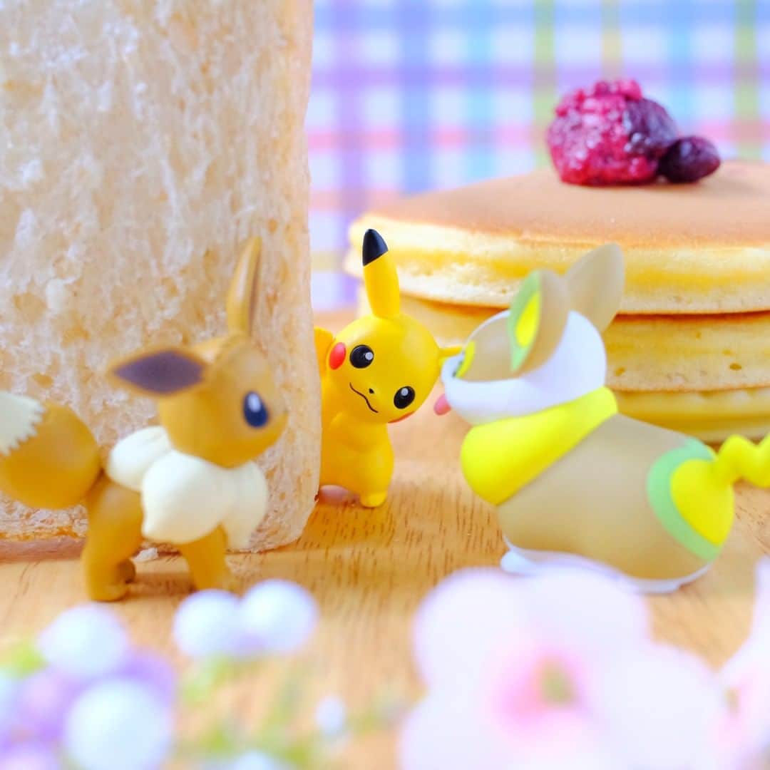 のインスタグラム：「【今日のピカチュウ】 ピカチュウはおいしそうなパンケーキを発見🥞💕 みんなにも教えてあげなくちゃ🎶 #pikachu #eevee #yamper #pokemon #pikachu_snap #photooftheday #pancake #ピカチュウ #イーブイ #ワンパチ #ポケモン #パンケーキ」