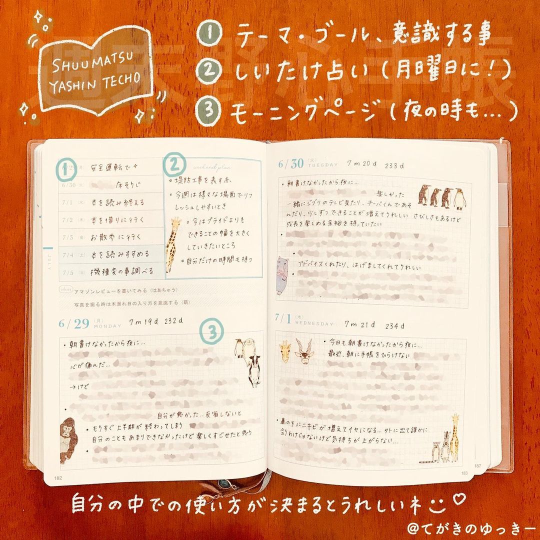 てがきのゆっきー さんのインスタグラム写真 - (てがきのゆっきー Instagram)「.﻿ ﻿ #週末野心手帳 最近の使い方🧸﻿ ﻿ ①ウィークリー﻿ １日のテーマ・ゴールなど﻿ 前の日の夜か、当日の朝に書きます✏️﻿ ﻿ ②weekend plan﻿ しいたけ占い﻿ 月曜日更新されたら書きます✏️﻿ ﻿ ③デイリー﻿ モーニングページを書きます✏️﻿ けど最近朝にかけてないから﻿ 夜になっちゃってる😭﻿ ﻿ ここにはこれを書くって決まってくると﻿ 毎日の習慣にしやすくなる😌﻿ ﻿ ------🌝------🌝------﻿ ﻿ 来年の週末野心手帳の特装版の﻿ クラウドファンディングが始まりましたね✨﻿ ﻿ パタンと開く週末野心手帳だよ！﻿ パタンと開くようにするには製作費が﻿ かかってしまうからできなかったんだけど、﻿ クラファンで作ることになったんだって🥺✨﻿ ﻿ わたしも注文しました☺️﻿ ﻿ #週末野心手帳2020 #週末野心手帳の使い方 #週末野心 #モーニングページ #手帳の中身 #手帳デコ #手帳術 #手帳タイム #手帳の使い方 #手帳好きさんと繋がりたい #手帳見せっこ #手帳会議 #手帳の書き方 #カスタマイズエブリデイ #手帳ゆる友 #ウィッシュリスト #マスキングシール #iPad芸人 #手書き加工 #手書き文字 #手書き手帳 #手書き日記 #プロクリエイト #わたしと手帳とipad」7月17日 21時23分 - tegakinoyuki