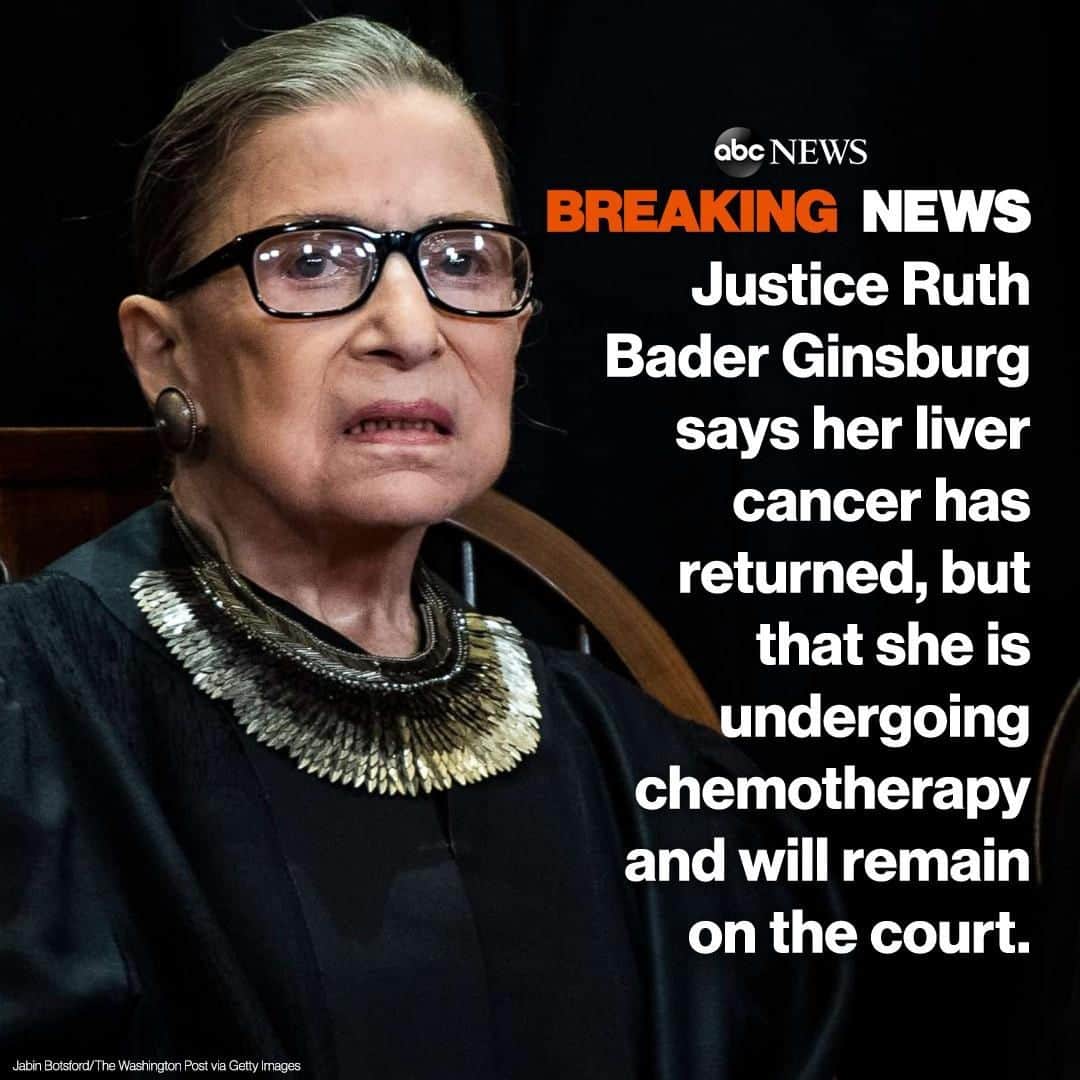 ABC Newsさんのインスタグラム写真 - (ABC NewsInstagram)「BREAKING: Supreme Court Justice Ruth Bader Ginsburg revealed that she’s undergoing chemotherapy to treat a recurrence of cancer. In a statement, Ginsburg said she began treatment in May after a scan in February discovered lesions on her liver. Immunotherapy was first attempted but “proved unsuccessful,” she said. #ruthbaderginsburg #scotus #supremecourt #health」7月18日 1時38分 - abcnews