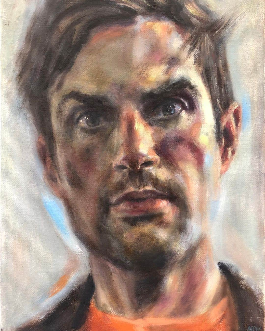 アンドリュー・J・ウェストのインスタグラム：「Self portrait painted fairly early into lockdown while I was still doing a little bit of grooming here and there. #selfportrait #oiloncanvas #oilpainting #oilportrait」