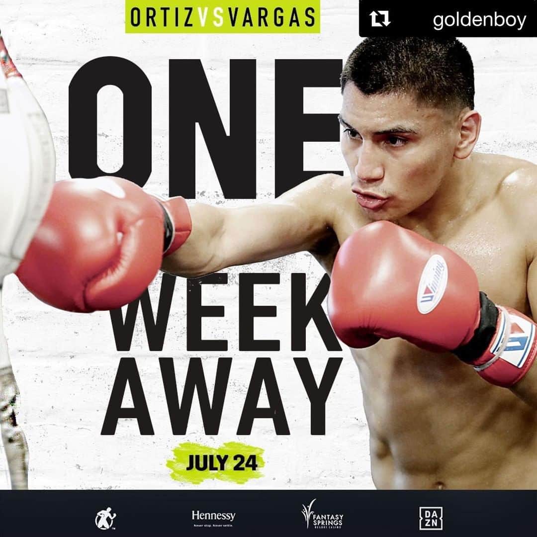 のインスタグラム：「#Repost @goldenboy ・・・ 🚨 ONE WEEK AWAY🚨   🗓️ : July 24 ⏰ : 5pm PT / 8pm ET 📱 💻 📺 : #WatchOnDAZN 🏟️ : @FantasySprings   #OrtizVargas」