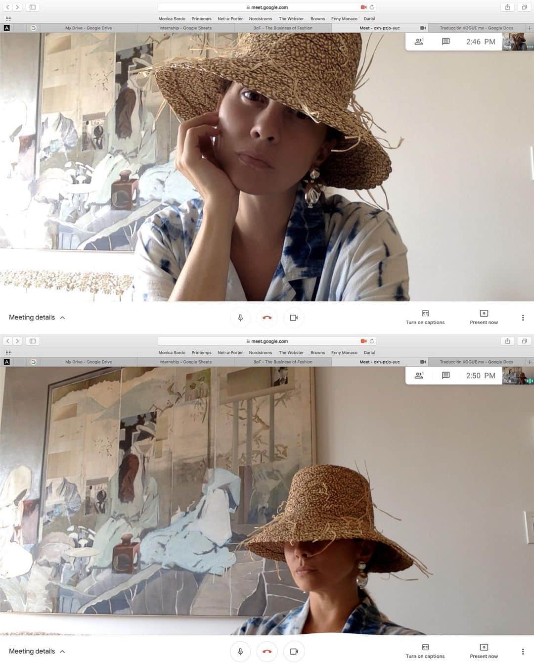 Monica Sordoのインスタグラム：「Ready to zoom with any friends currently on an island! #MsHangOutMeets the Puerto Asymmetric Earrings and the Valeria Hat by @ericjavits (Thank You! @itsdimondosworld ) 🐚✨」