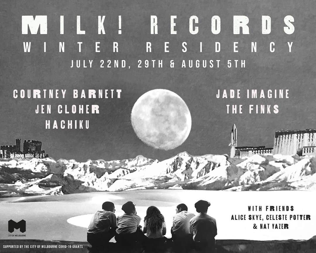 コートニー・バーネットのインスタグラム：「@milkrecords & friends winter residency is online this year,streamable worldwide🌏🌎🌍mystery line-up each week w me @jencloher @hachikumusic @jadeimagineband the finks @aliceskye @nat_vazer and @celestepotter 💛 Poster by @chloehollidaay Tickets in Milk! bio,15 each week or 40 for all 3. a portion of ticket sales will be donated to Djirra (www.djirra.org.au), providing support to Indigenous women experiencing family violence in Victoria, RISE (www.riserefugee.org) an ex-detainee, refugee and asylum seeker self-determined grassroots organisation and AMSSA (www.amssademo.com) who provides services for the Muslim community. Both RISE and AMSSA have been instrumental in providing support to the detainees in the on-going Public Housing Lockdowns.」